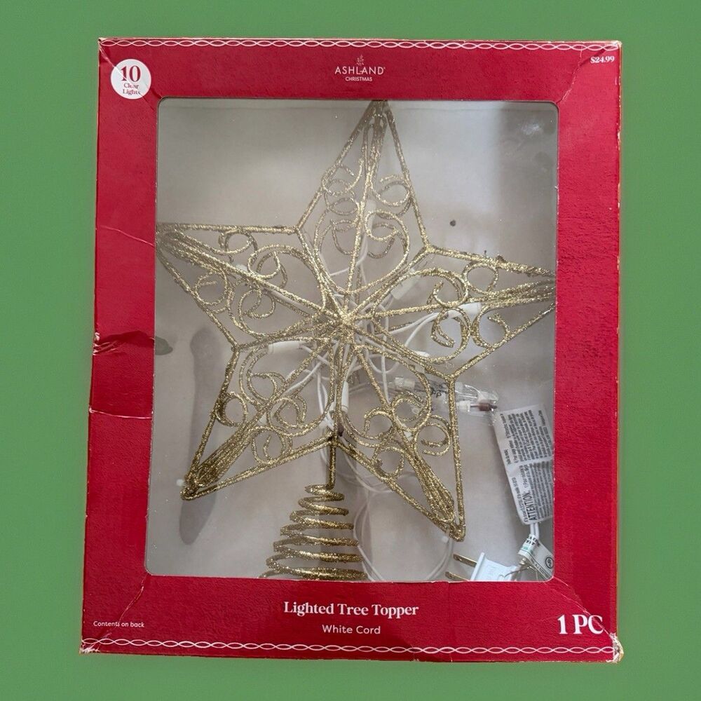 Ashland Christmas Lighted Star Tree Topper Gold Wire Scroll 10 Clear Lights 11"
